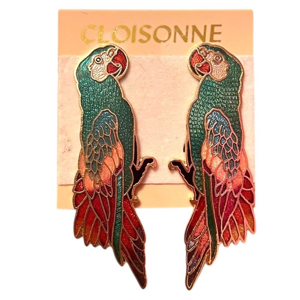 Large Colorful Cloisonne Parrot Clip On Earrings